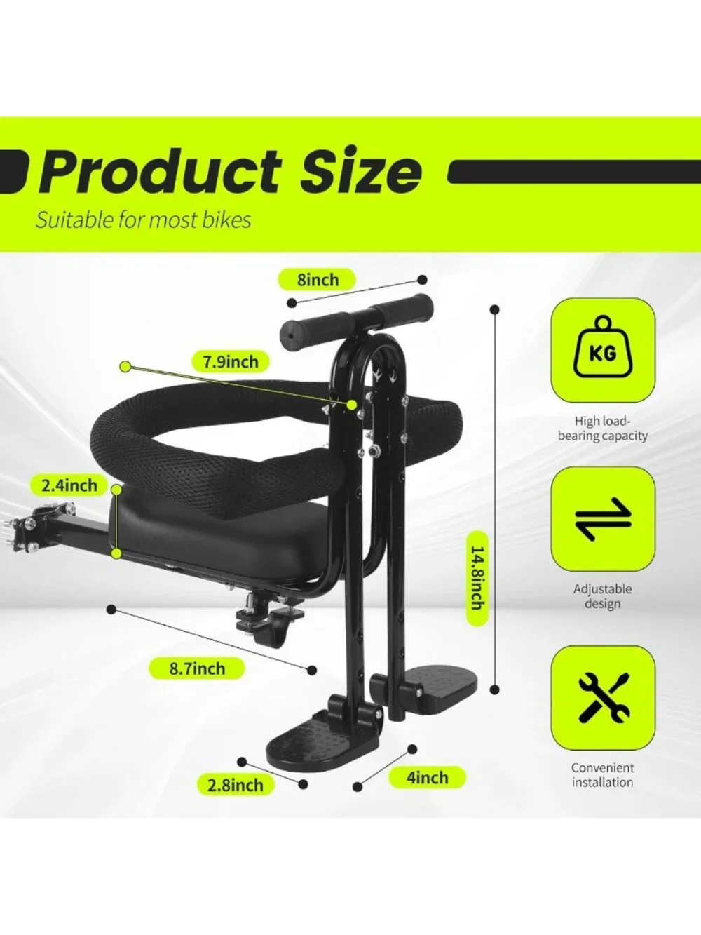 Front Mounted Kids Bike Seat with Guardrail & Foot Pedals - Toddler Bicycle Seat